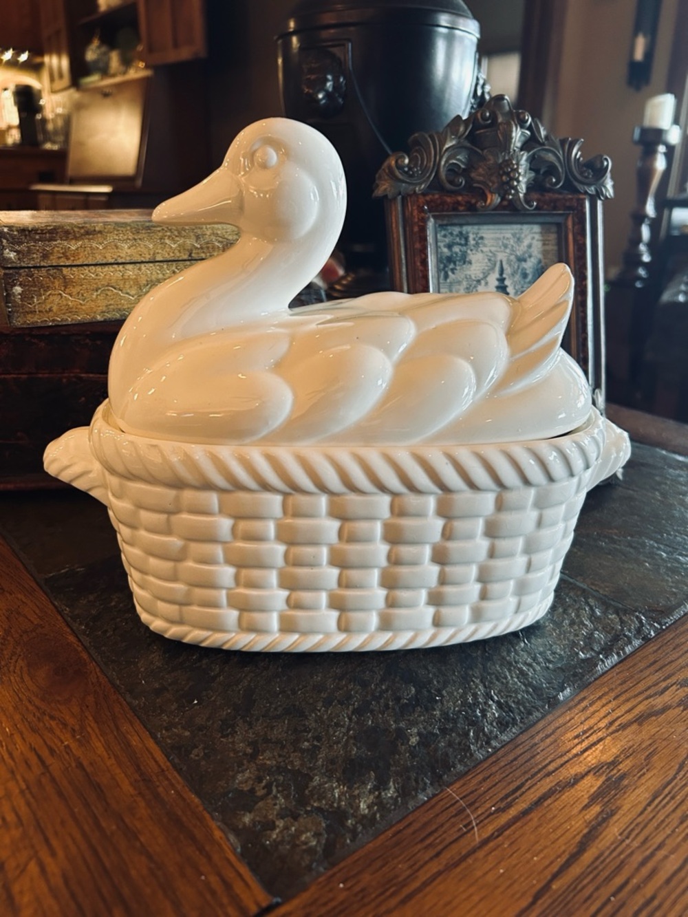 Vintage White Ceramic Duck on a Basket Covered Serving Dish Tureen